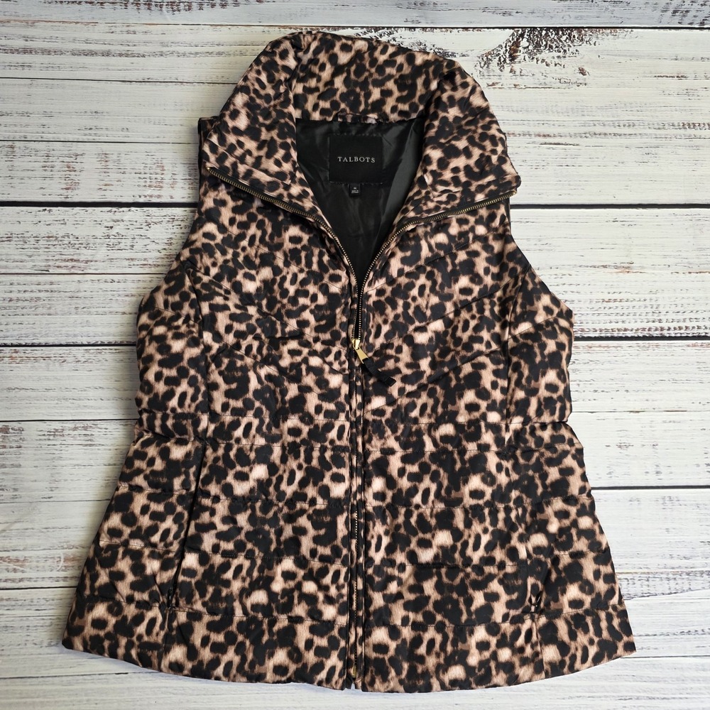 Talbots Puffer Vest Womens Medium Brown Black Leopard Print Quilted Down Pockets
